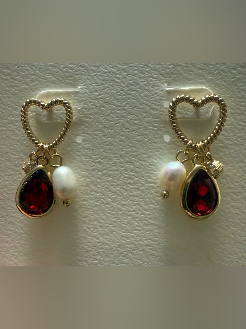Gold Heart Drop Earrings with Red Teardrop Gem and Pearl Accent